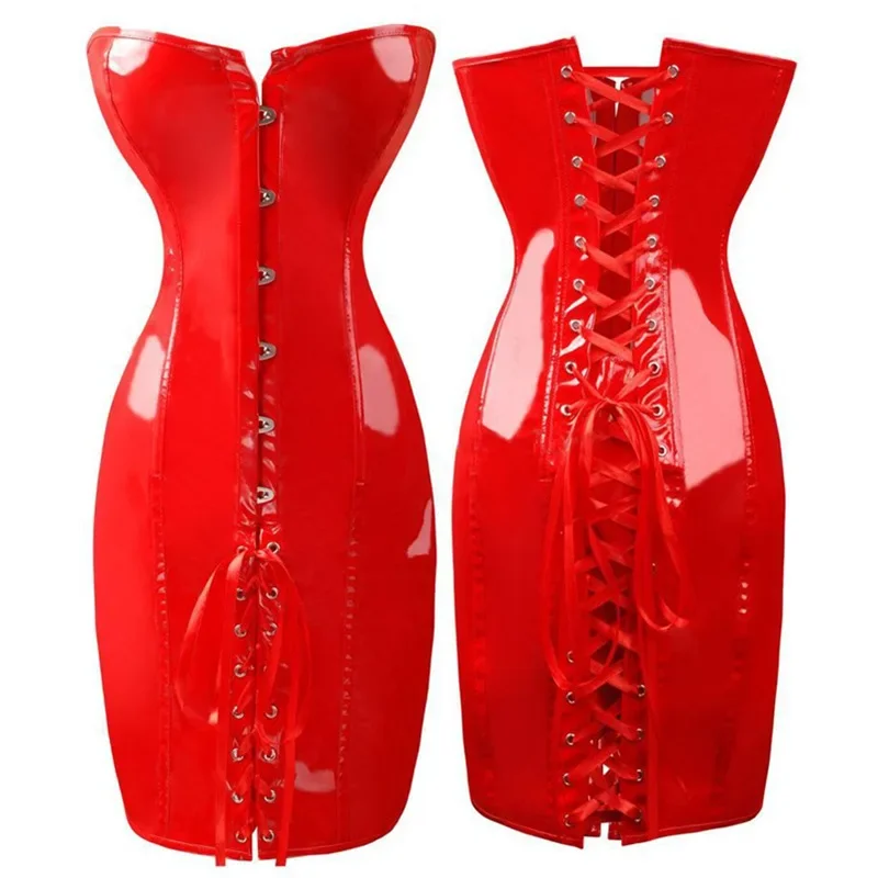 S-6XL Black Red Plus Size Faux Leather Lady Shaper Underwear Back Bandage New Fashion Adjust PVC Long Bustier Dress Sexy Corset