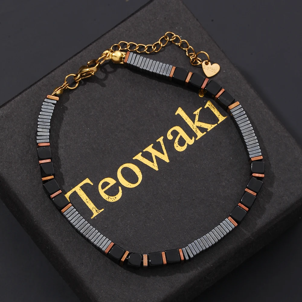 TeoWaki Natural Square Black Agate Bracelet Adjustable Length Hematite Square Flake Spacers Holiday Best Gift For Family 17+5cm