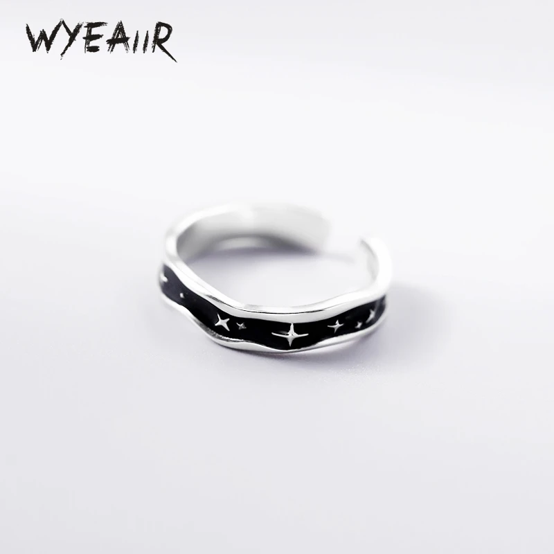 WYEAIIR 925 Sterling Silver Black Drop Glaze Shining Star Cool Resizable Opening Ring For Women Luxury Jewelry