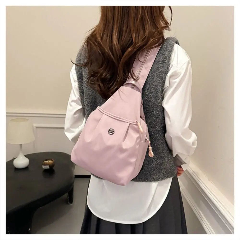 Solid Color Oxford Fabric Backpack Light Weight Nylon Casual Crossbody Bag Adjustable Strap Large Capacity
