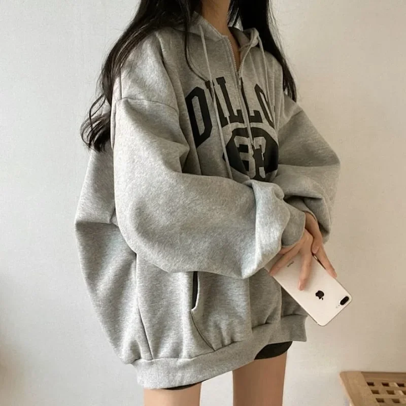 Baggy Korean Hooded Sweatshirt for Women Full Zip Up Woman Tops With Zipper Loose Hoodies Y2k Style Designer New In Clothing M E