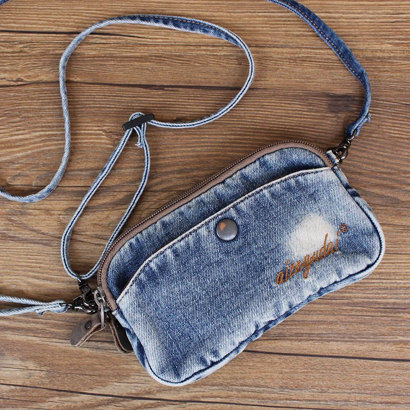 Korean Style Women's Retro Denim Mobile Phone Bag  Fashion Single Shoulder Crossbody Bag Key Coin Handheld Bag Small Tren...