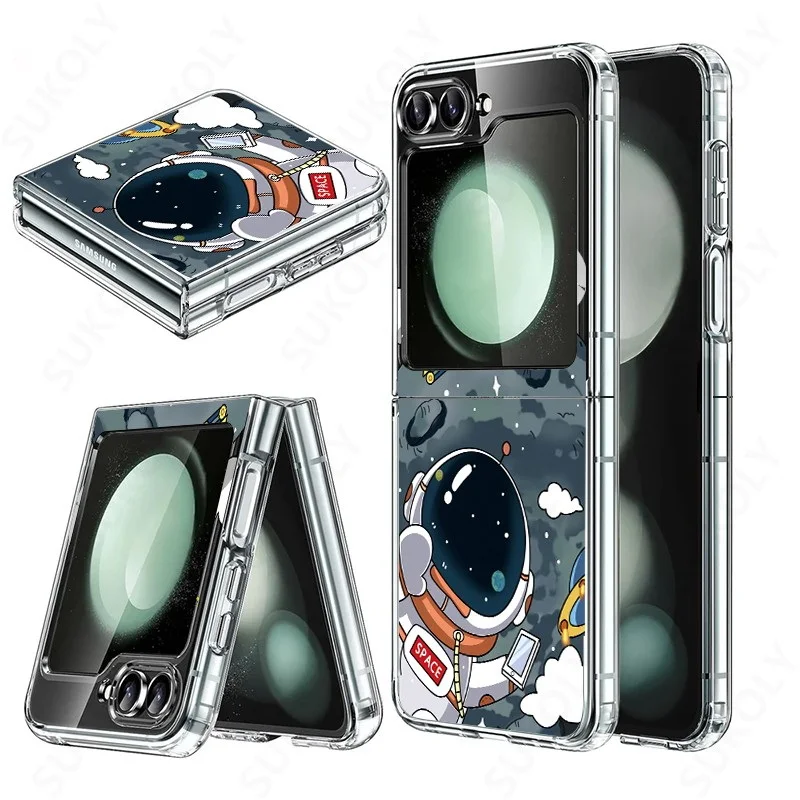 Clear Astronaut Case For Samsung Galaxy Z Flip 5 4 3 6 Cute Cartoon Spaceship Planet Stars Hard Cover For Samsung Z Flip5 Flip4