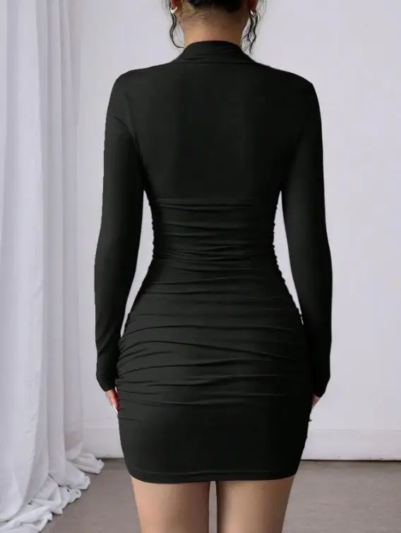 

Women Dresses 2026 Spring Autumn New Solid Color Sqyare Collar Long Sleeved Slim Fit Elastic Pleated Hip Hugging Mini Dress