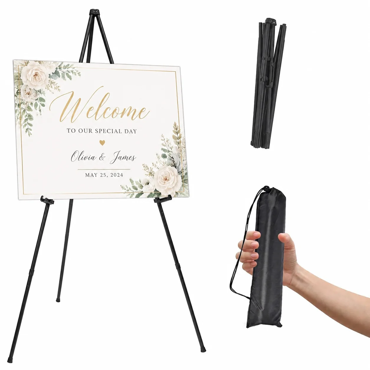 Metal Wedding Easel Stand for Welcome Signs,Adjustable Tripod Sign Holder for Wedding Ceremony,Reception Seating Chart,Guest Book Display,Table Number Board and Party Decoration,Portable Folding Display Stand for Bridal Events
