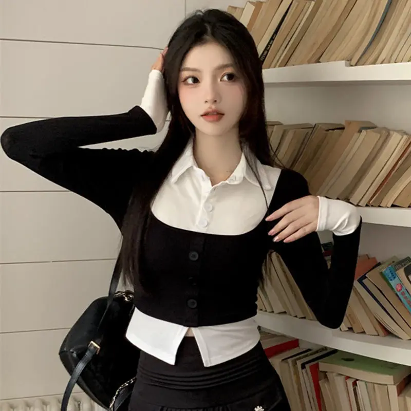 Spring Autumn Slim Sexy Style Sweet Fake Two Pieces Women Shirts Polo-Neck Button Spliced Fashion Slim Long Sleeve Blouse Shirt