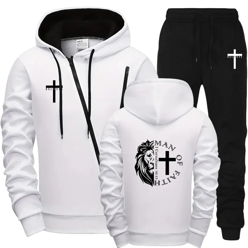 Mens Street Style Rider 2026 Diagonal Zipper Hoodie with Joggers Urban Streetwear Tracksuit Jesus Man of Faith Print Sweatshirts