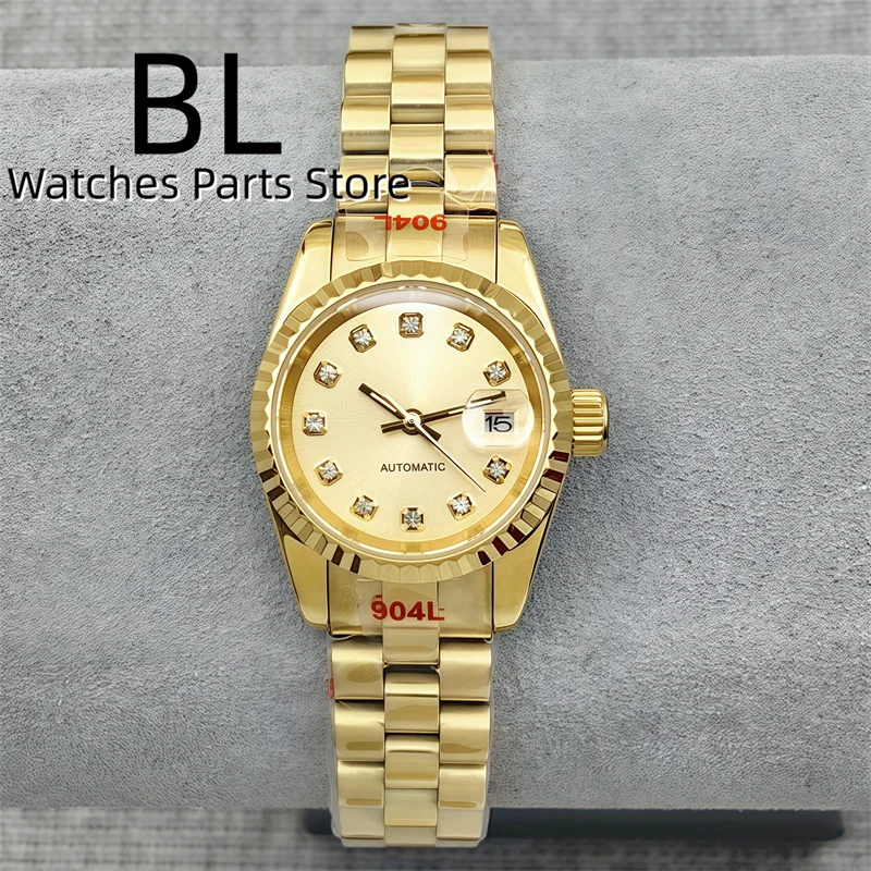 BLIGER Jam Tangan Wanita Gerakan NH05 Mewah 26Mm Emas Mawar Dua Warna Dial Emas Mawar dengan Indeks Berlian Bezel Bergalur Kristal Safir