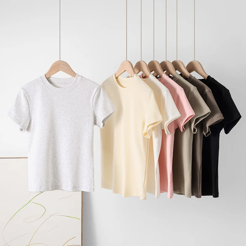 

Summer Woman Skinny Fit T-shirt Tight Short-Sleeve O-neck Tee Basic Solid Crop Tops T Shirt