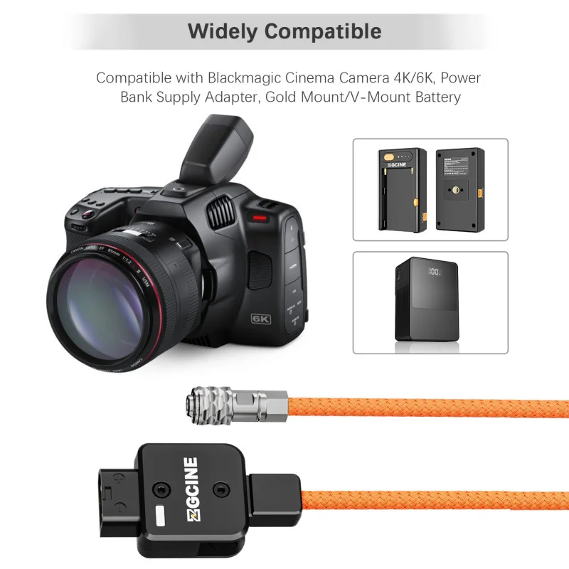 ZGCINE DT-BMD D-Tap to 2-Pin BMPCC Power Cable 60cm Length 180°Rotatable with Braided Wire for Blackmagic Pocket Cinema Camera