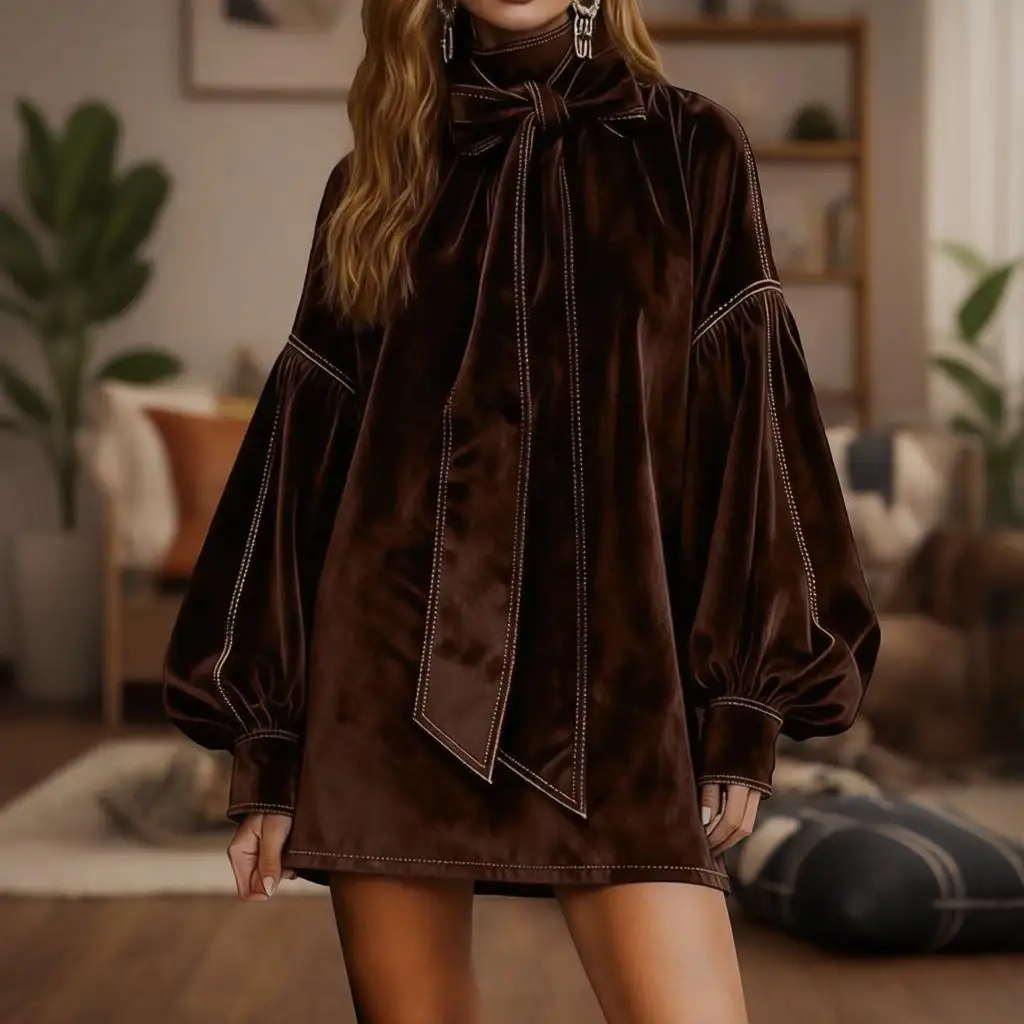 Women Trendy Velvet Dress Fashionable Casual Solid Color With Bow Dress Lady Outdoor High End Turtleneck Knee Length Dress