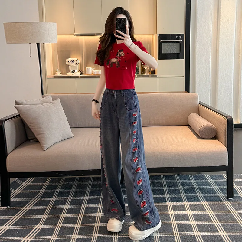 Retro Short-sleeved Suit Women New Summer Street Fashion Set Dopamine Stylish Printed Jeans Two-piece Casual Fashionable Outfit