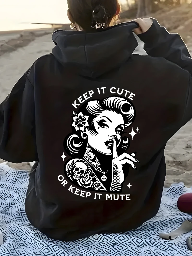

2025 Осенне-зимняя толстовка с капюшоном Keep Cute Keep Mute Print Свободный крой Черный Высококачественная роскошь для мужчин и женщин Топ Y2k