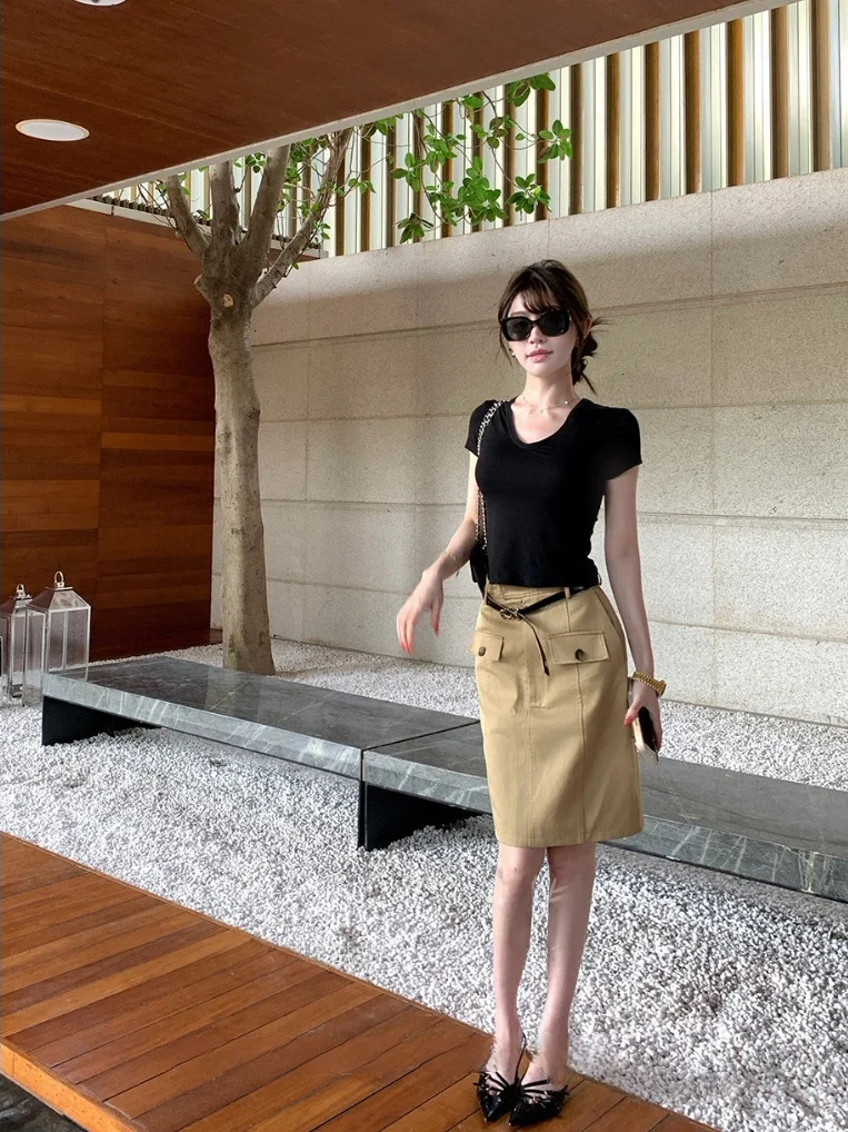 Ys1 Mid-Length A-Line  Skirt Korean Style Slimming Straight Cut Half-Body Workwear Summer Fashion High Waist Zipper Closure