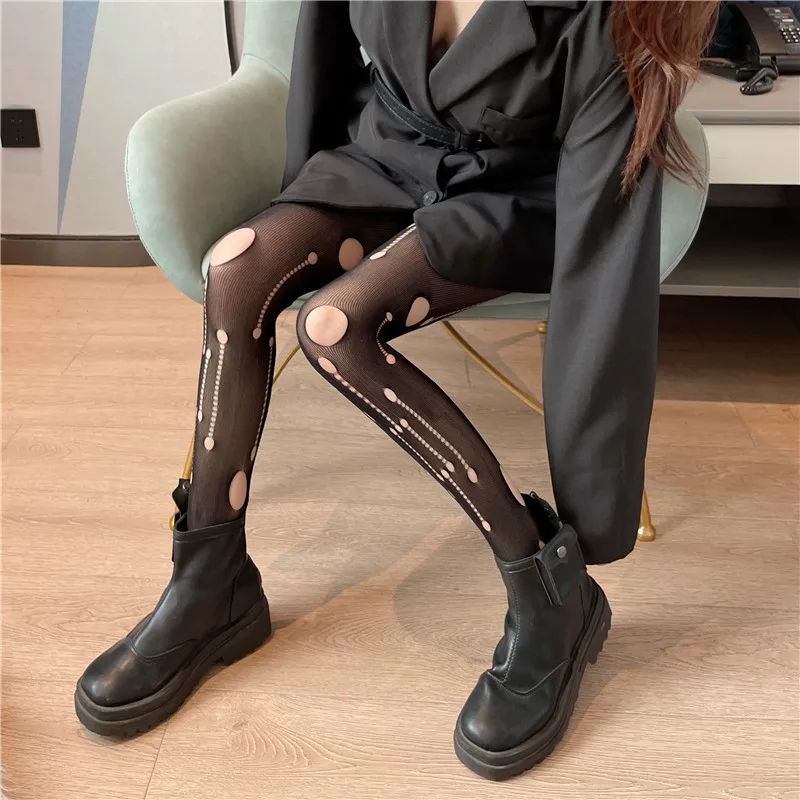 Spring Summer Women Black Hollow Fishnet Tights Jacquard Mesh Pantyhose Slim Leg‑Shaping Trendy Fashion Inner Match Hosiery