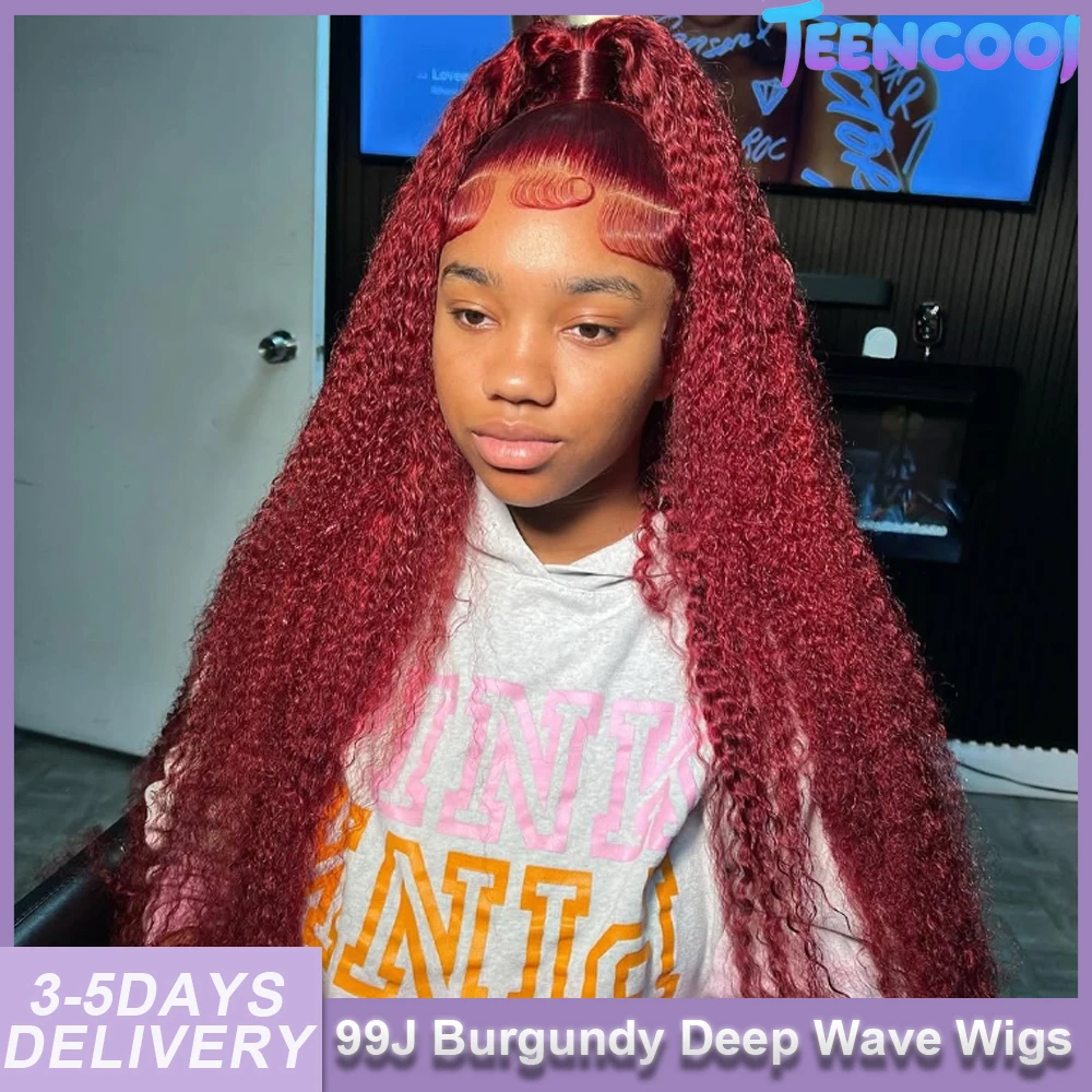 

30 Inch Deep Wave Curly 99j Burgundy 13x6 HD Lace Frontal Human Hair Wig Red Wine Water Curly 13x6 HD Lace Front Wigs 200Density