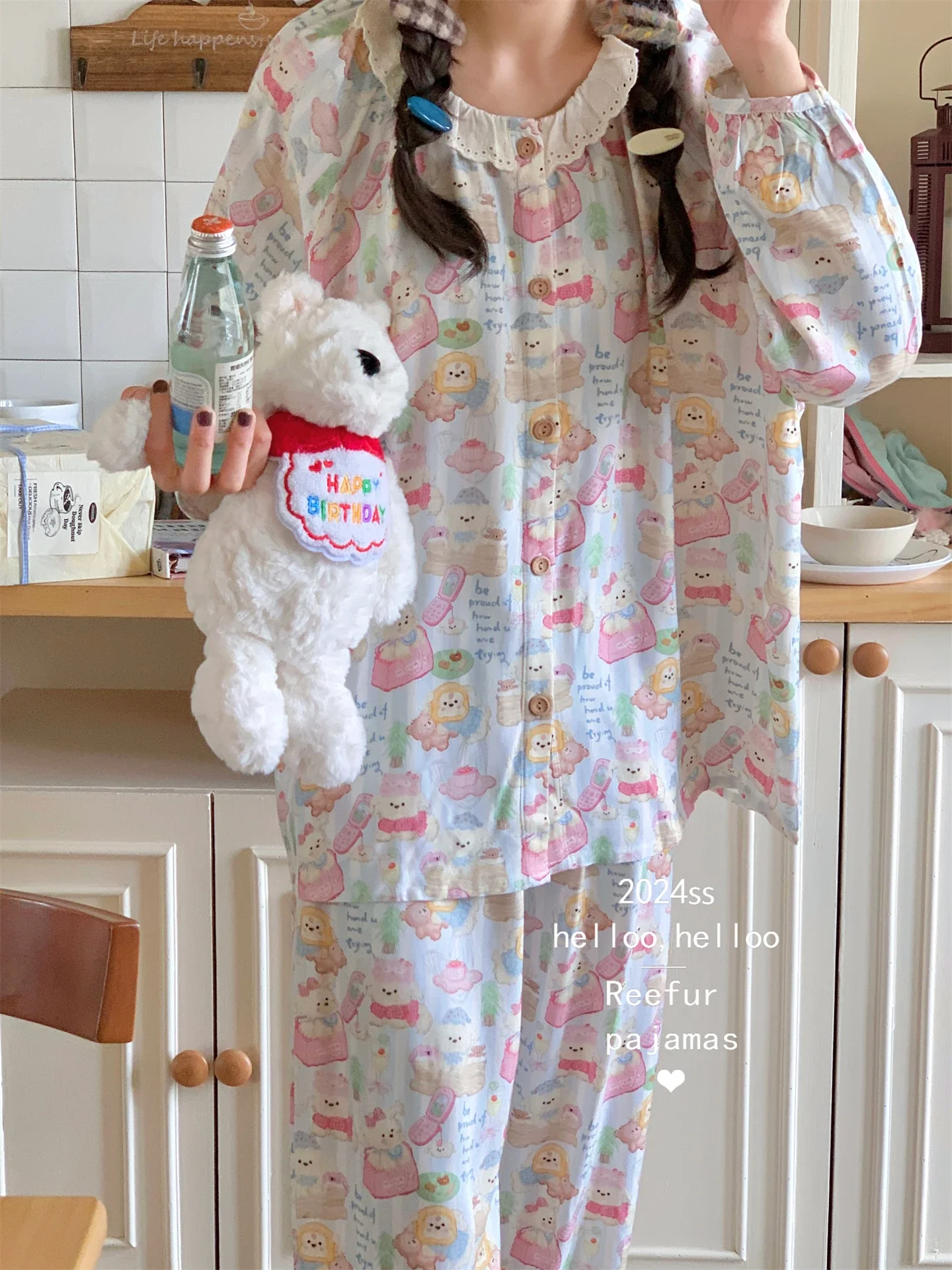 2025 New Cotton Sweet Pajamas Ruffle Edge Cute Cartoon Loose Long Sleeve O Neck Loungewear Girls Korean Fashion Home Clothing