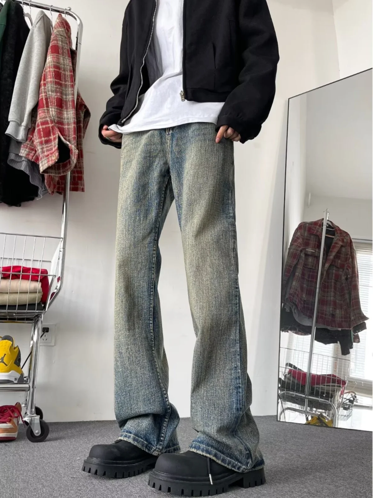 

American Style Washed Loose Casual Men's Jeans Vintage Trendy Straight Leg Long Pants Autumn Wear Durable Youth Fashion