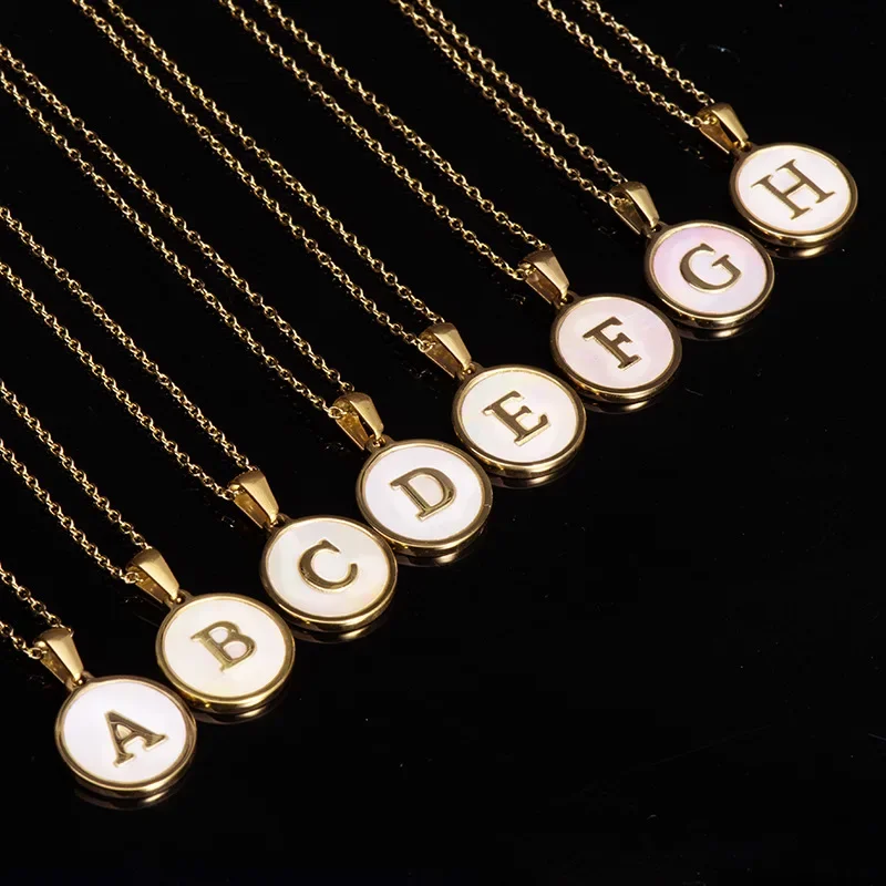 HOT Golden Round Stainless Steel White Shell Letter Pendant Necklace Women's Fashion Jewelry CZ Colar Feminina