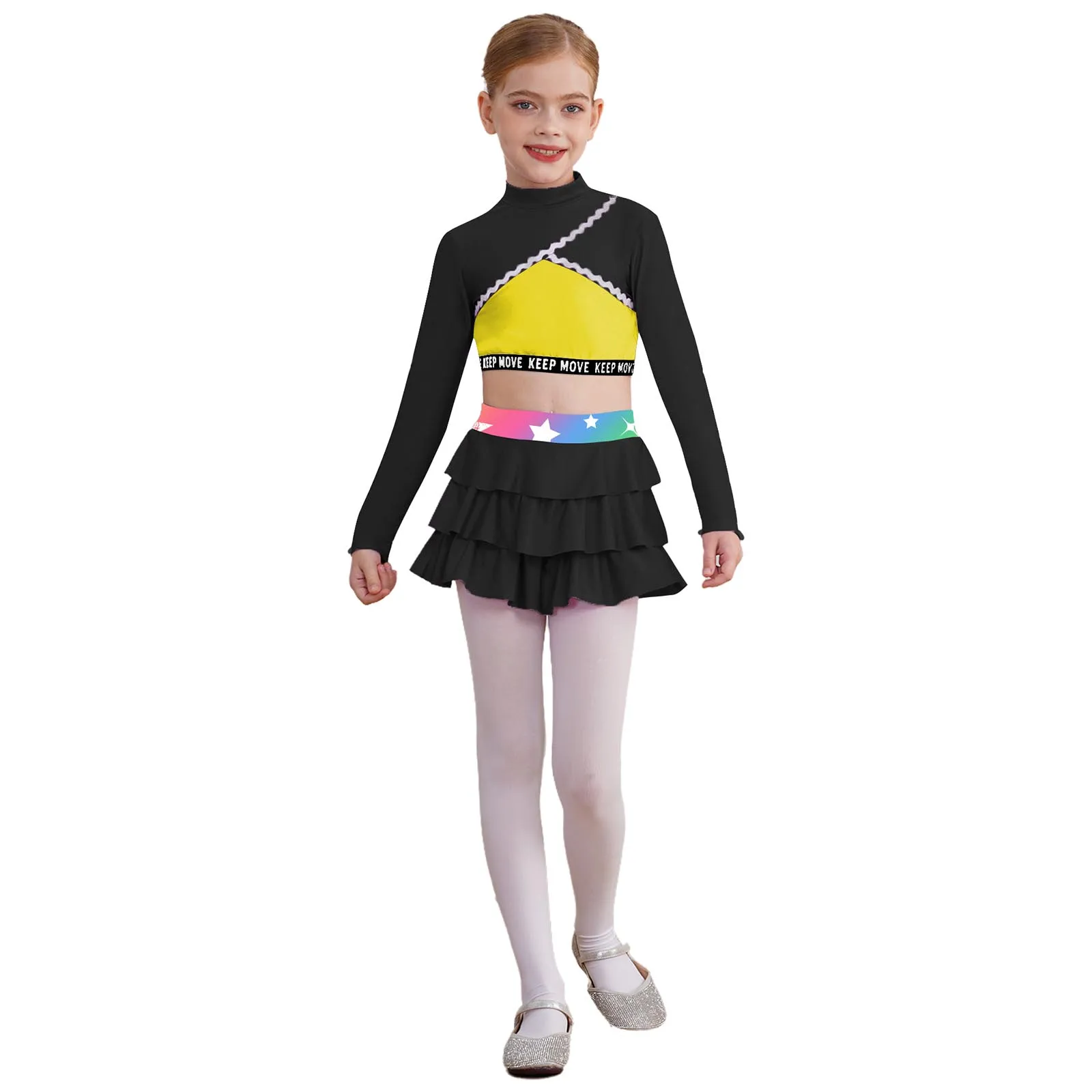 

Kids Girls Figure Sakting Jazz Dance Outfit Long Sleeve Shirt Crop Top+Skirt Set Tennis Golf Sportswear Cheerleading Dancewear