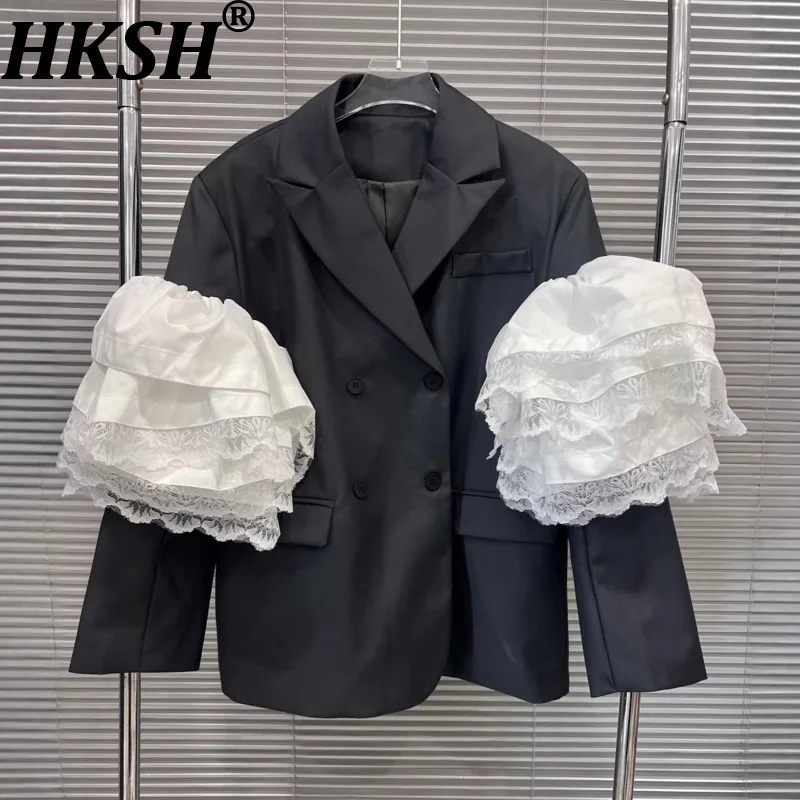 

HKSH Women Chic Blazer Turn-down Collar Double Breasted Color Block Long Sleeves High-End Slimming Ins Jacket New Spring HK20141