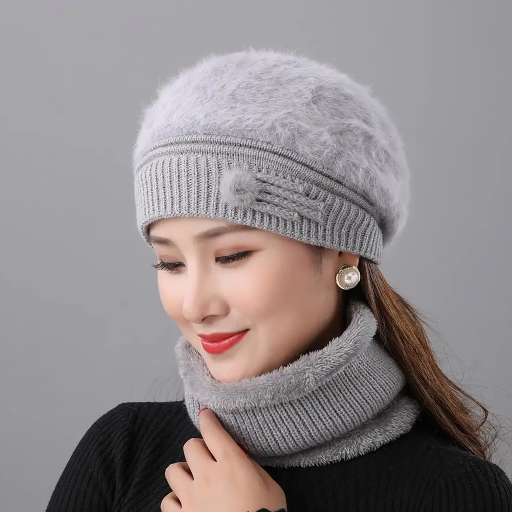 2Pcs/Set Winter Knitted Hat Faux Rabbit Fur Hat Scarf Set Autumn Winter Women Knitted Fleece Lining Beret Cap Neckerchief Set