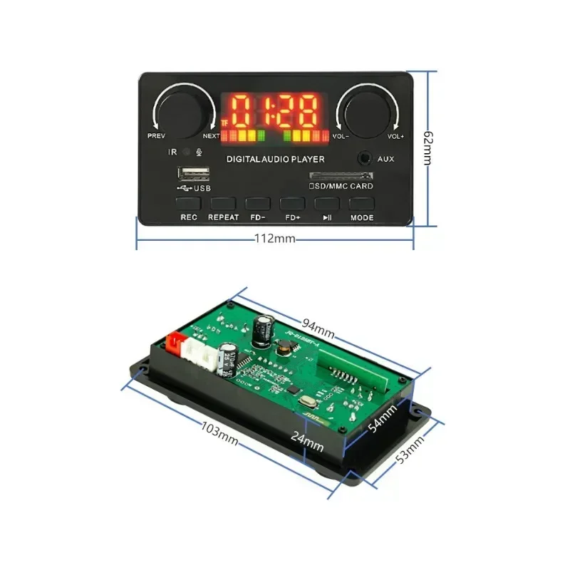 2*40W Amplifier Bluetooth 5.0 Bass MP3 Player WAV Decoder Board 12V Car FM Radio Module Support Alarm Clock TF USB AUX Record