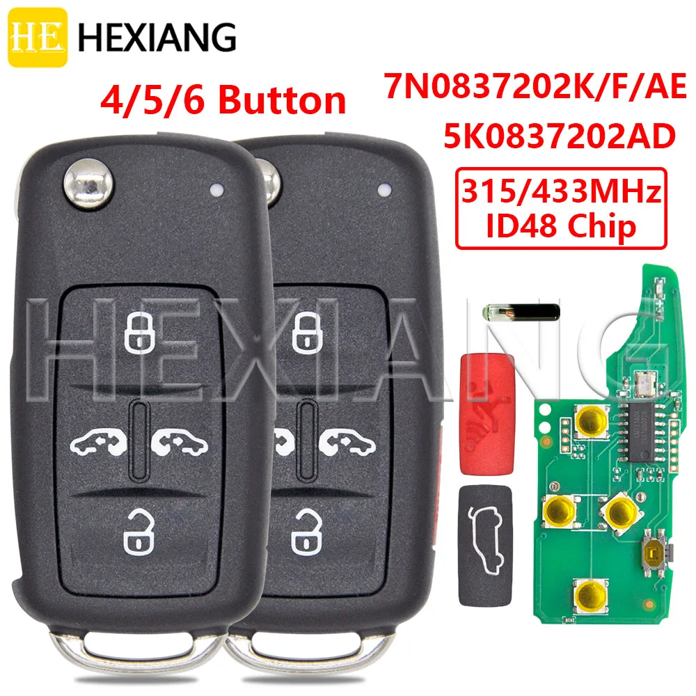 

HE 5K0837202AD 7N0837202AE/F/K ID48 Chip 315/433MHz Flip Car Remote Key For VW Volkswagen Multivan T5 Sharan Caravelle 2009-2015