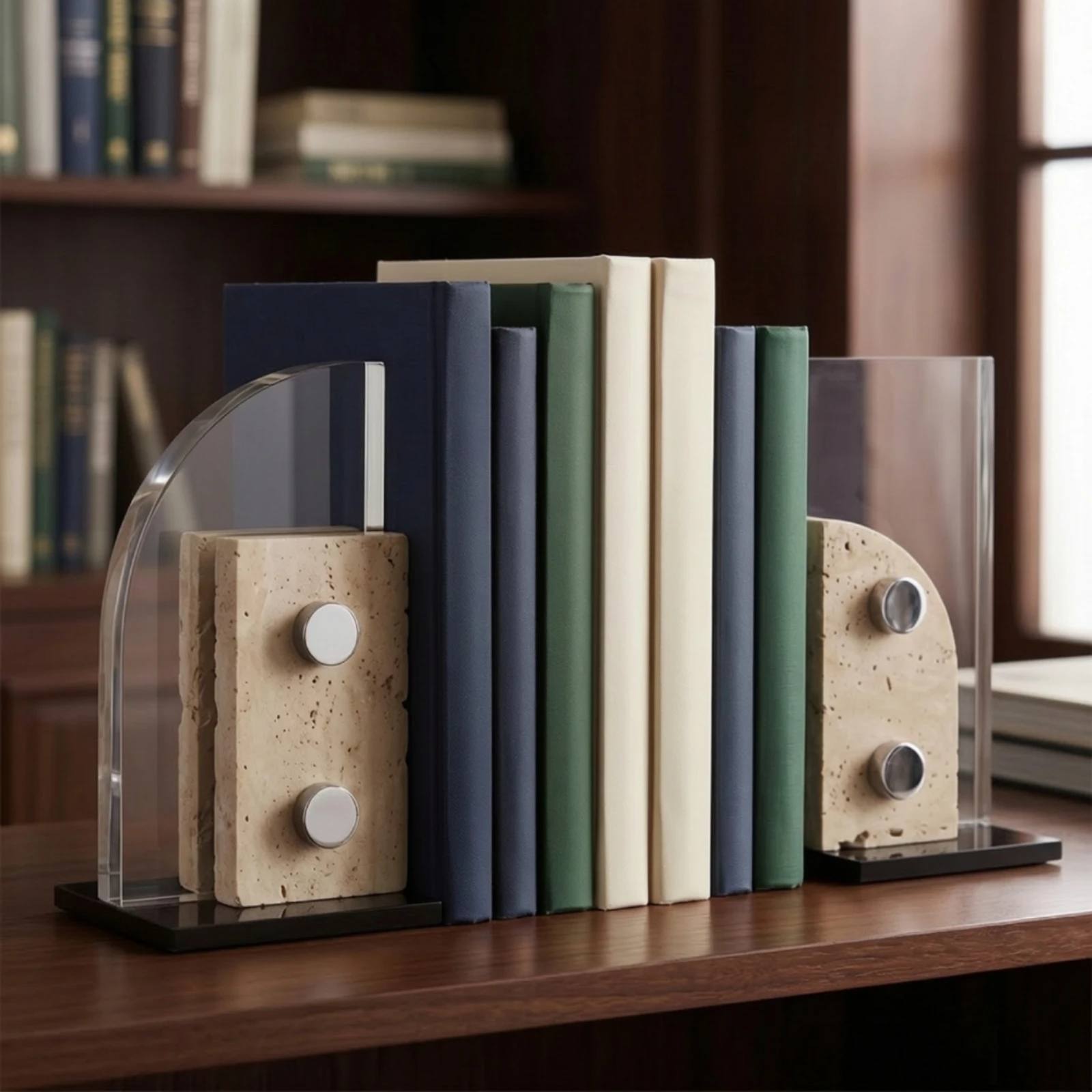 Acrylic Bookends Stone Textured Travertine Look Bookends Book Holders Heavy Duty Decor Sturdy for Avid Readers, Bookshelf, Desk
