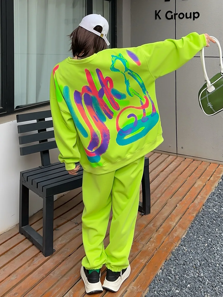 Casual Graffiti Oversized Pullover Sweatershirt 2 Piece Sets Women Outfits Y2k Clothes Sweatpants Pant Sets Vestidos Sportsuits