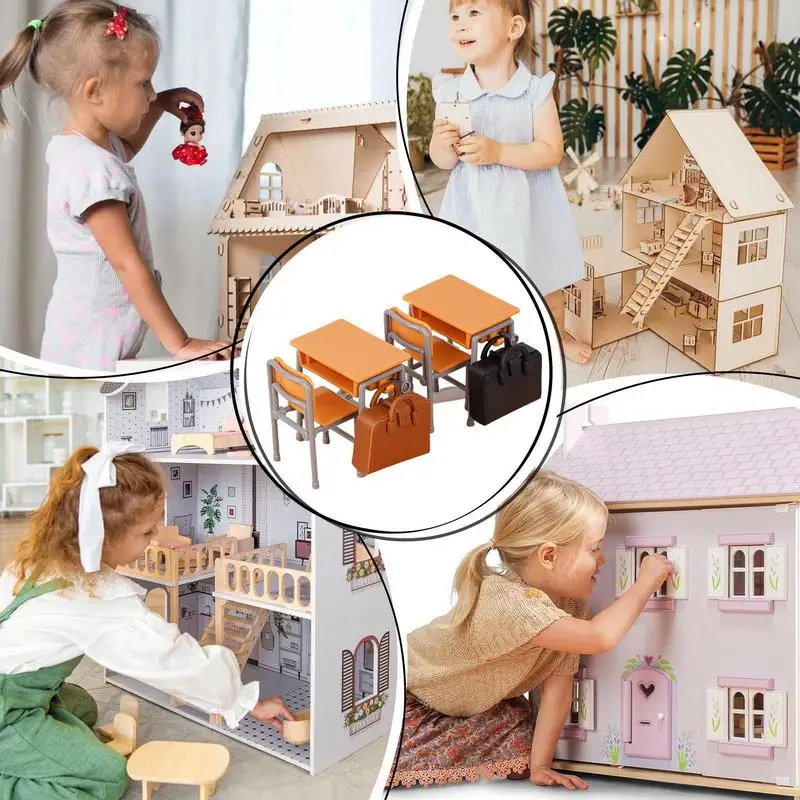 Puppenhaus Miniaturen Artikel Puppenhaus Stuhl Klassenzimmer Schultaschen Modelle Studie Tisch Ornament für Kinder Spielzimmer Setup