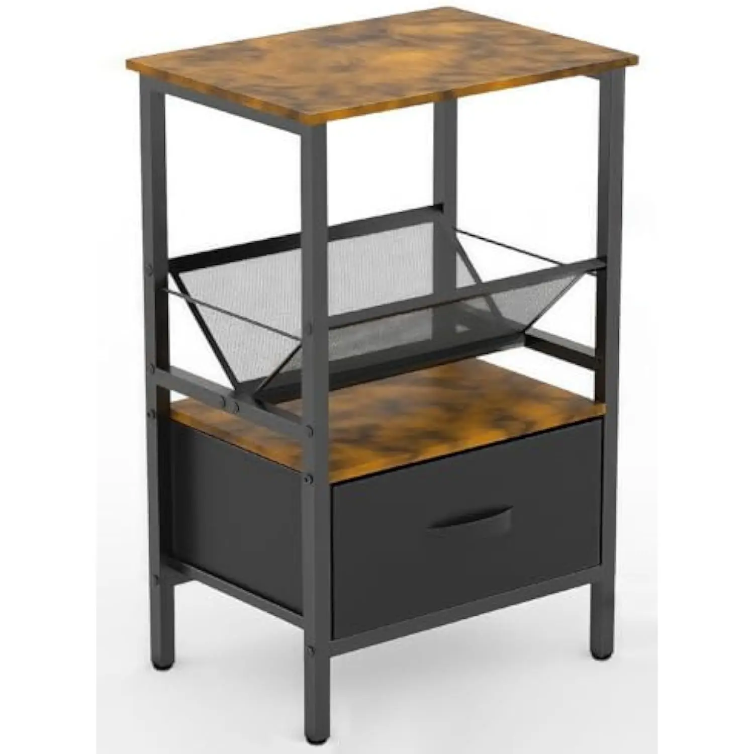 

End Table with a Fabric Drawer, Narrow Wooden Side Table, 3-Tier Nightstand with Record Player Stand, Sofa Bedside Table for Sm