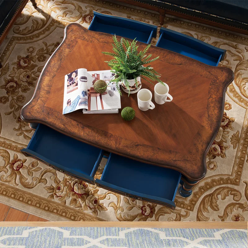 أثاث غرفة المعيشة طاولة قهوة من الخشب الصلب بطول 1.2 متر ودرج على الوجهين وطاولة قهوة زرقاء مطلية يدويًا