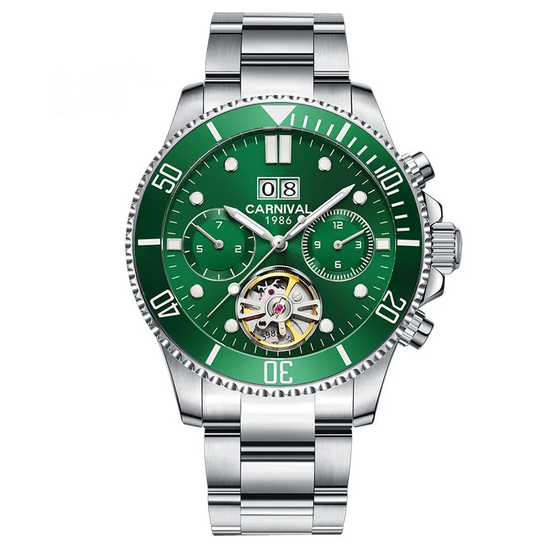 CARNIVAL Luxury Brand Tourbillon Mechanical Watch Men Green Dial 316 Steel Band Luminous Waterproof Business Automatic Watches