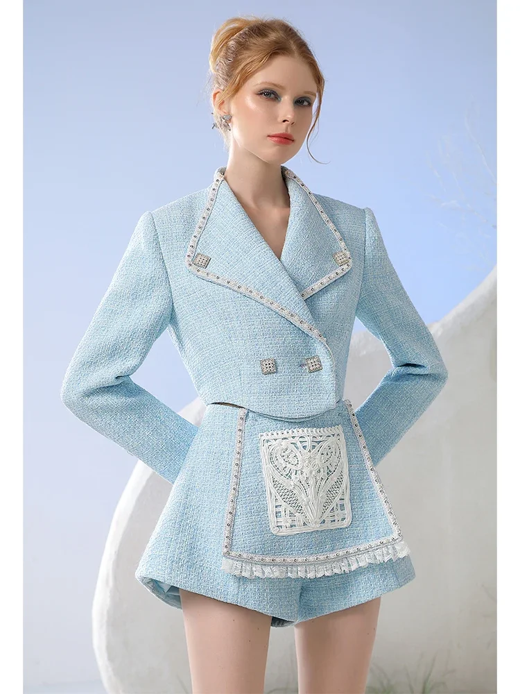 Socialite Style Elegant Office Lady Suit Outfits Lapel Rhinestone Pearl Buckle Coat Plate Flower Patchwork High Waist Shorts