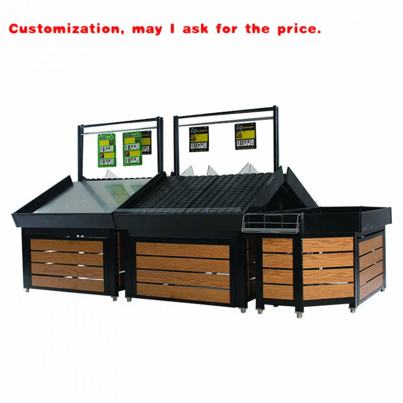 

на заказ. Съемные стальные и деревянные комбинированные рынокные полки для демонстрации овощей и фруктов.