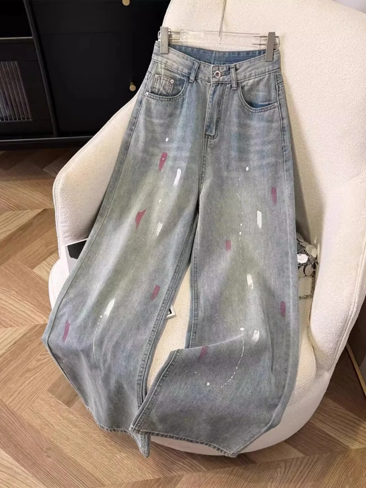 

Light Blue Splatter Paint Denim Jeans Men's Spring Autumn Loose Straight High Street Trendy Vintage Wide Leg Pants