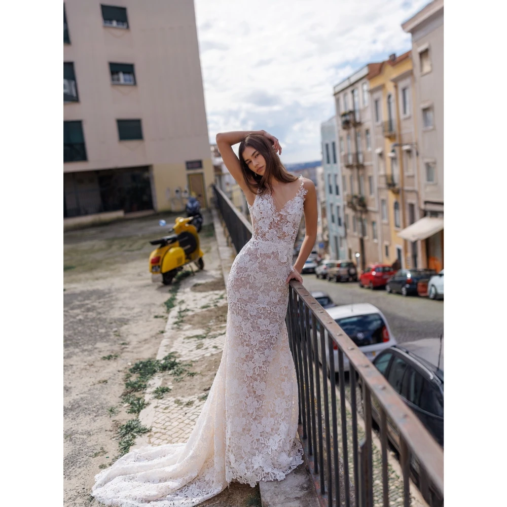 

ESBRIDE Woman Ceremony Dress Elegant Straps White Mermaid Wedding Dresses Floral V Neck Formal Party Gowns Vestido Marriee