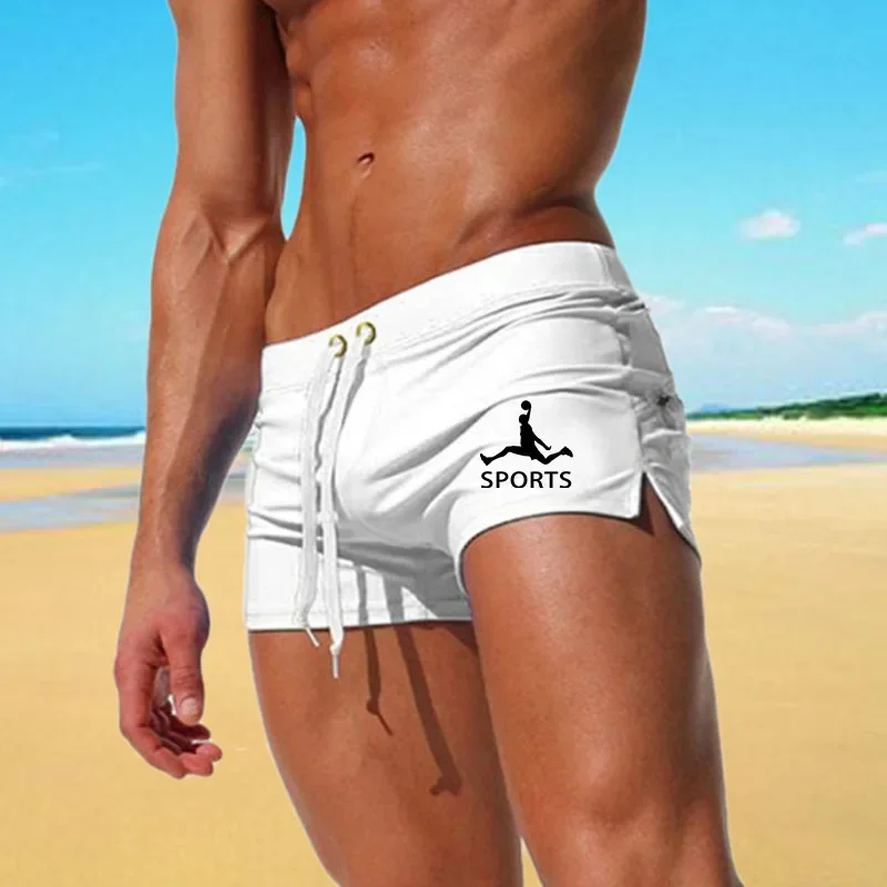 2024 Men\'s Beach Shorts Solid Color Fashionable Back Pocket Design Quick Drying Breathable Running Flat Angle Swim Shorts