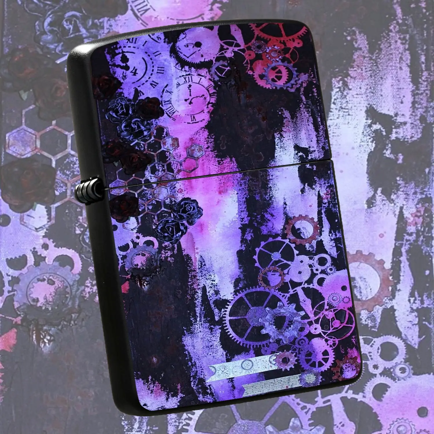 Steampunk Style Art Lighter With Gear Clock Rose Print, Unique Purple Pink Black Contrast Color Design, Portable Trendy Practical Accessory For Daily Multi-Scene Use, Ideal Gift Choice For And Personal Use, Exquisite Details To Add Distinct