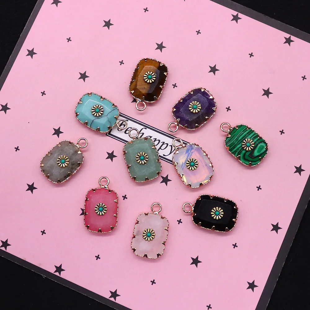 Natural stone crystal rectangular pendant sunflower patch tiger eye quartz stone electroplated charms diy necklace earrings