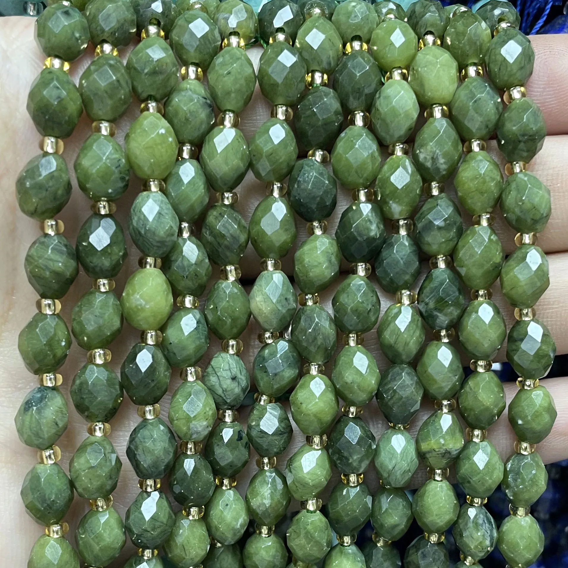 Faceted Natural Stone Rice Shape Green Canadian Jades Spacer Beads For Jewelry Making DIY Bracelet Earrings Necklace 6X8MM