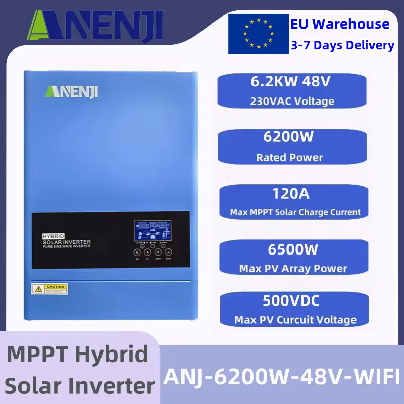 6.2KW Hybrid Solar Inverter 48V 230V Pure Sine Wave On/Off Grid Inverter Built 120A MPPT Solar Charge Controller EU In Stock