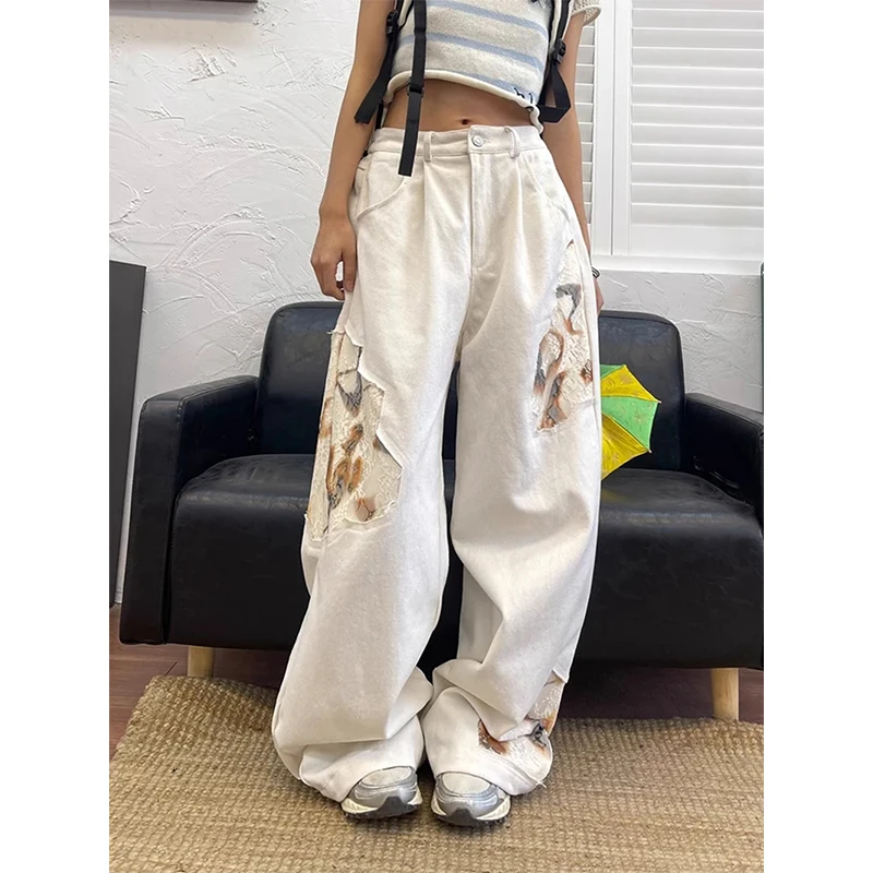 

Y2K белые джинсы с принтом, женские уличные винтажные кружевные лоскутные широкие джинсовые брюки, летние мешковатые шикарные прямые брюки в стиле Харадзюку