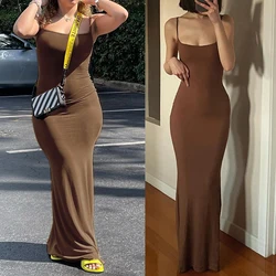 Women's Solid Color Cami Dress Sleeveless Spaghetti Strap Bodycon Long Dress Summer Party Dress