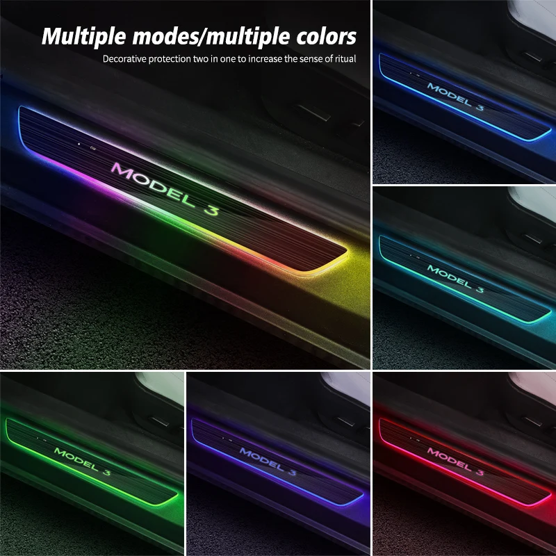 Carbon Fiber For Tesla Model Y Model 3 LED Car Door Sill Light Illuminated Welcome Threshold Scuff Plate Pedal light Lamp RGB