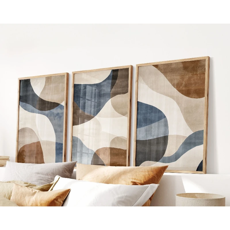 3PCS--3PC Abstract Contemporary Neutral Wall Art: Blue Beige Abstract Set, Wall Art Prints in Mid-Century Modern Style
