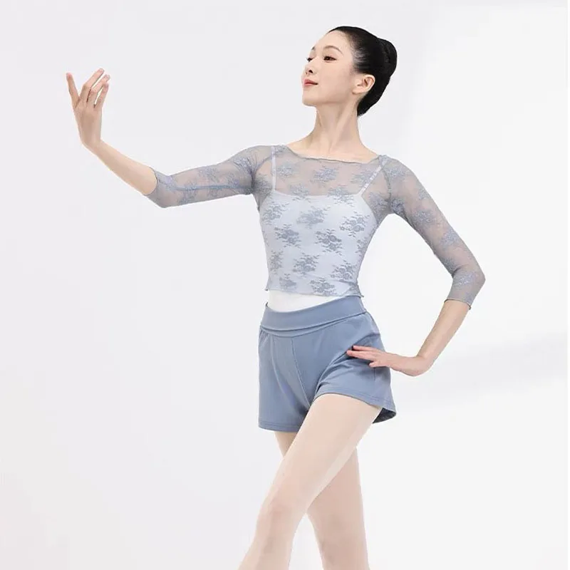 Women Crop Top Ballet T shirt Lace Dance Tops Ballerina Dancewear three-quarter sleeve Ballet smock Costumes for Dancing Tops