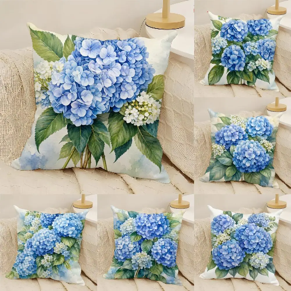 Watercolor Blue Hydrangea Cushion Cover Natural Linen Organic Fabric Double-Sided Printing Sofa Home Decor Gift Pillow Cover