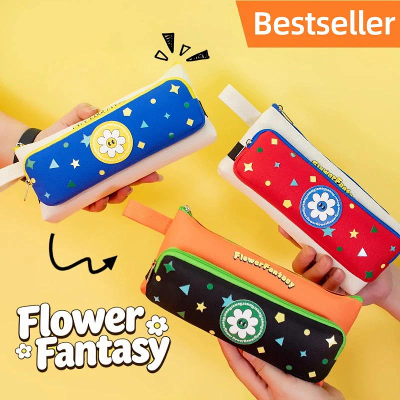

Cute Flower Fantasy Pencil Case, Colorful Geometric Pattern Large Capacity Pen Bag, Portable Handle Student Stationery Organizer